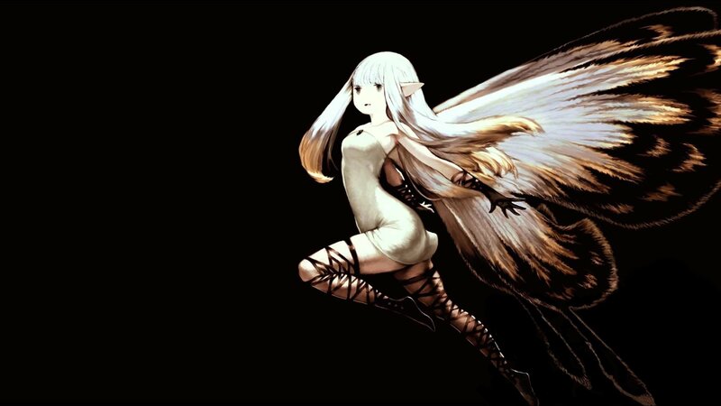 Anime Girl with Wings — Black, Dramatic, Digital Art, Long Hair, Elf Ears