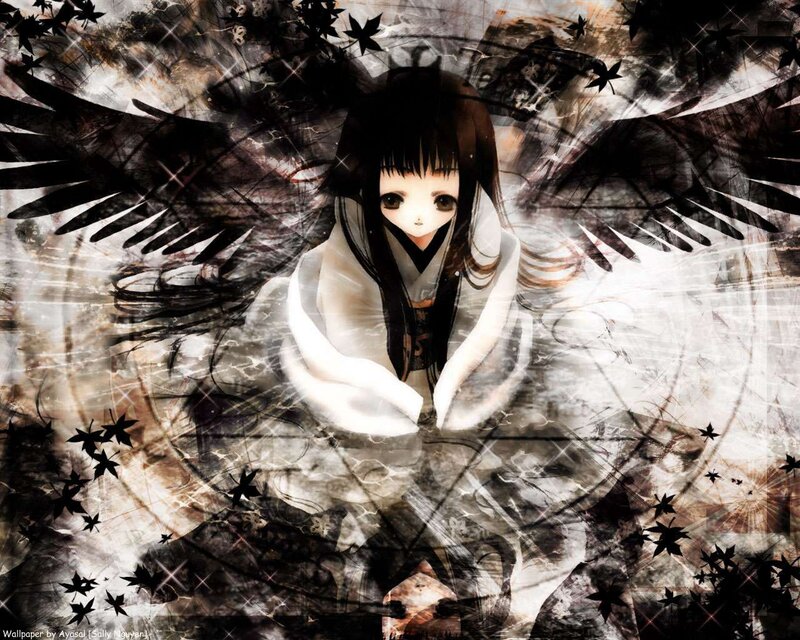 Anime Girl with Wings — Black, Dramatic, Digital Art, Maple Leaves
