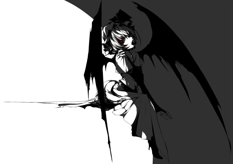 Anime Girl with Wings — Black, Dramatic, Digital Art, Red Eyes, Skirt