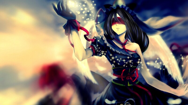 Anime Girl with Wings — Black, Dramatic, Digital Art, Sparkles