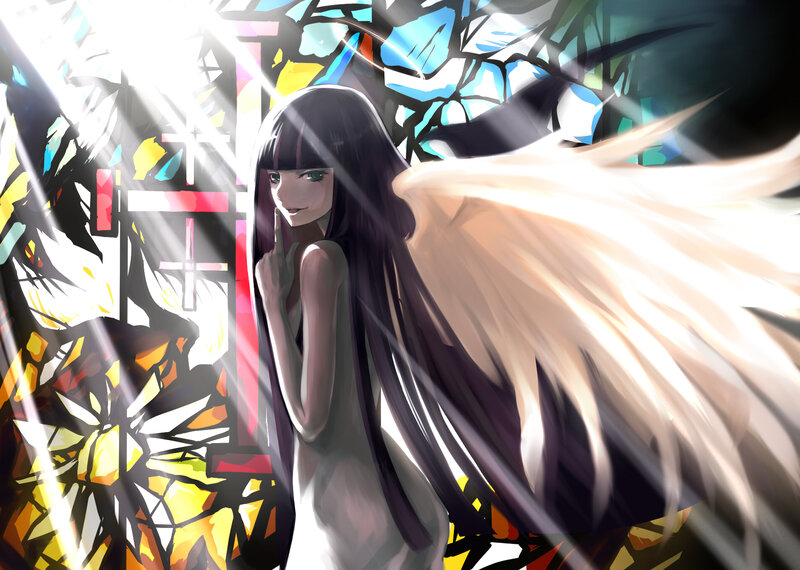 Anime Girl with Wings — Black, Dramatic, Digital Art, Stained Glass
