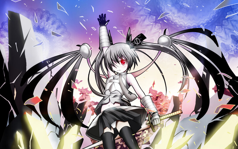 Anime Girl with Wings — Black, Dramatic, Digital Art, Sword, Red Eyes