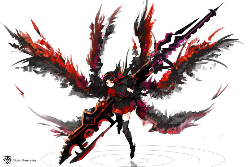 Anime Girl with Wings — Black, Dramatic, Digital Art, Sword