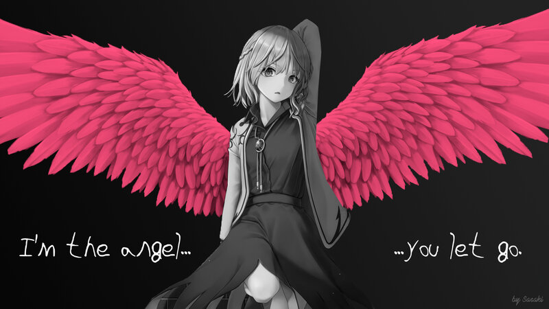 Anime Girl with Wings — Black, Dramatic, Digital Art, Text