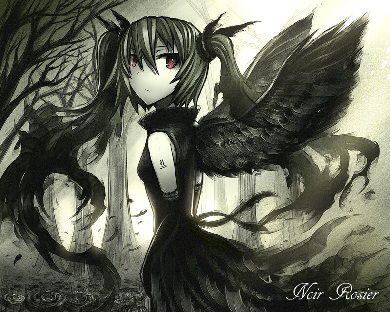 Anime Girl with Wings — Black, Dramatic, Digital Art, Trees