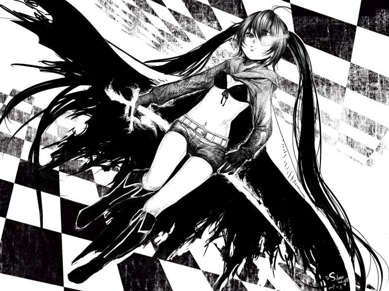 Anime Girl with Wings — Black, Dramatic, Manga, Checkered Background