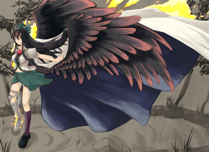 Anime Girl with Wings — Black, Dramatic, Manga, Fire