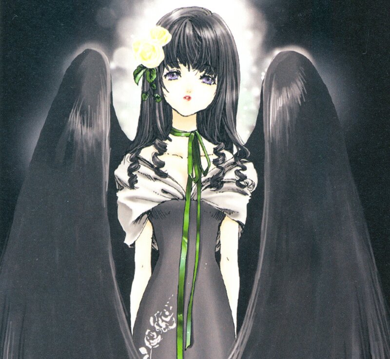 Anime Girl with Wings — Black, Dramatic, Manga, Flower