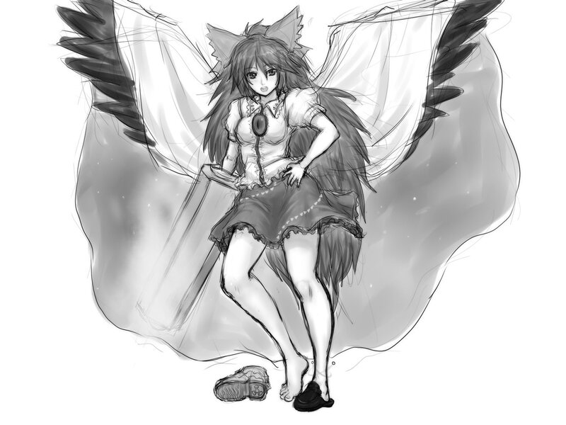 Anime Girl with Wings — Black, Dramatic, Manga, Sword, Cat Ears, White, Gray