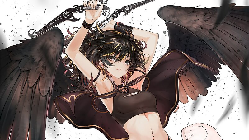 Anime Girl with Wings — Black, Dramatic, Manga, Sword, Hair