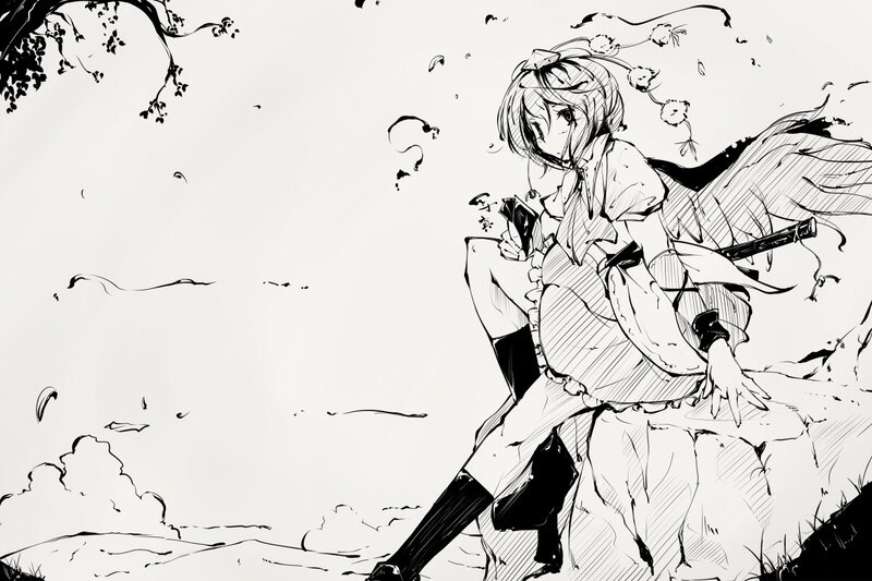 Anime Girl with Wings — Black, Dramatic, Manga, Sword, Tree
