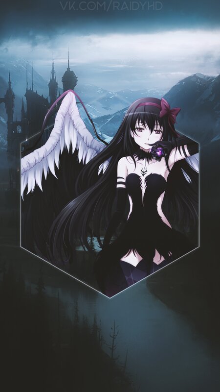 Anime Girl with Wings — Black, Dramatic, Night, Castle