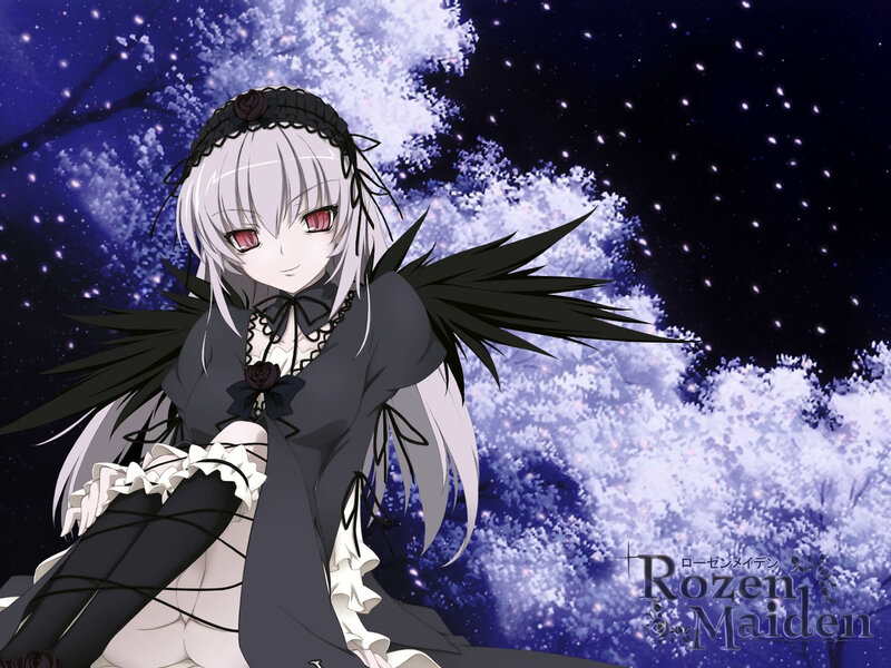 Anime Girl with Wings — Black, Dramatic, Night, Cherry Blossoms