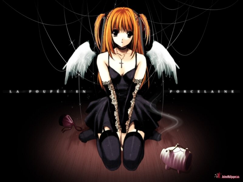Anime Girl with Wings — Black, Dramatic, Night, Cross Necklace, Doll