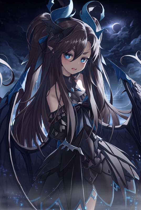 Anime Girl with Wings — Black, Dramatic, Night, Digital Art, Blue Eyes