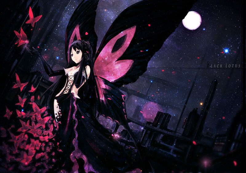 Anime Girl with Wings — Black, Dramatic, Night, Digital Art, Butterflies, Moon