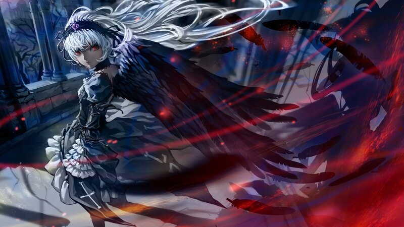 Anime Girl with Wings — Black, Dramatic, Night, Digital Art, Castle
