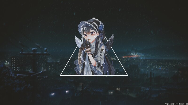 Anime Girl with Wings — Black, Dramatic, Night, Digital Art, Cityscape, Rain