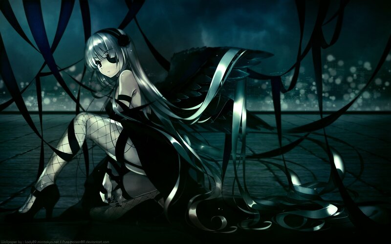Anime Girl with Wings — Black, Dramatic, Night, Digital Art, Cityscape, Skirt