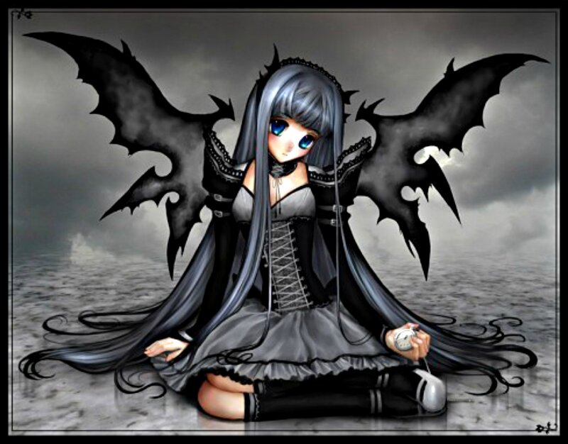 Anime Girl with Wings — Black, Dramatic, Night, Digital Art, Clock