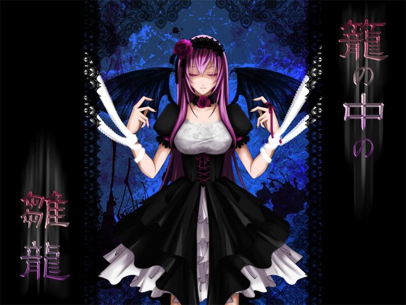 Anime Girl with Wings — Black, Dramatic, Night, Digital Art, Dress