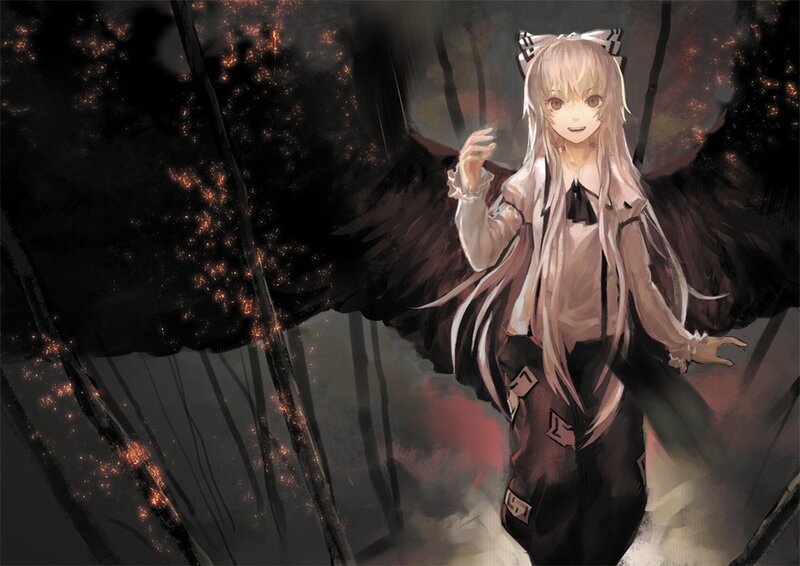 Anime Girl with Wings — Black, Dramatic, Night, Digital Art, Forest