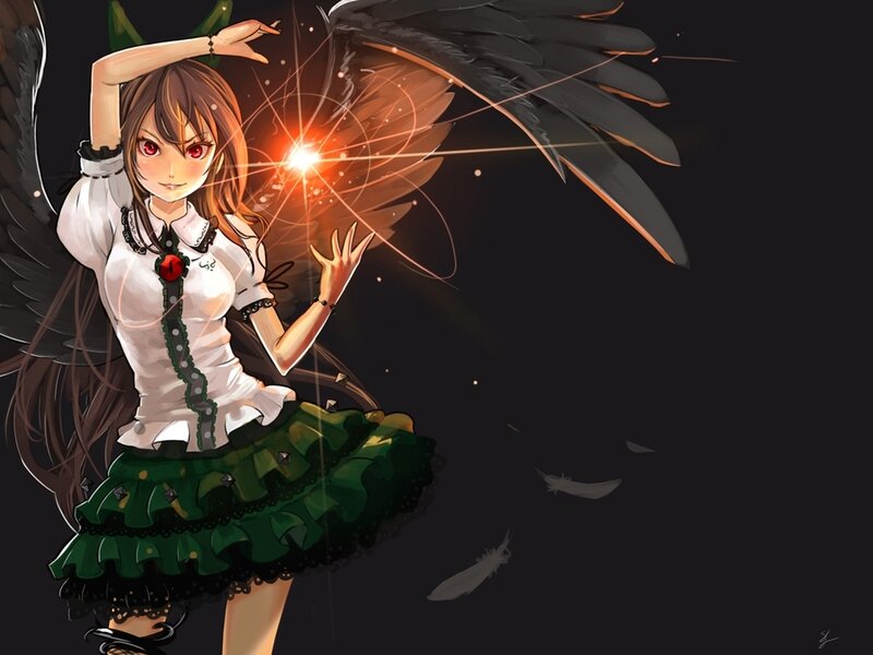 Anime Girl with Wings — Black, Dramatic, Night, Digital Art, Magic, Feathers