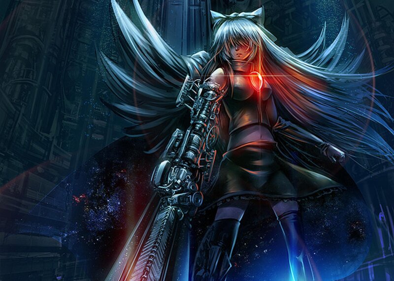 Anime Girl with Wings — Black, Dramatic, Night, Digital Art, Mechanical Gun