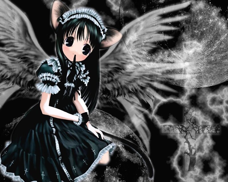 Anime Girl with Wings — Black, Dramatic, Night, Digital Art, Moon, Cross