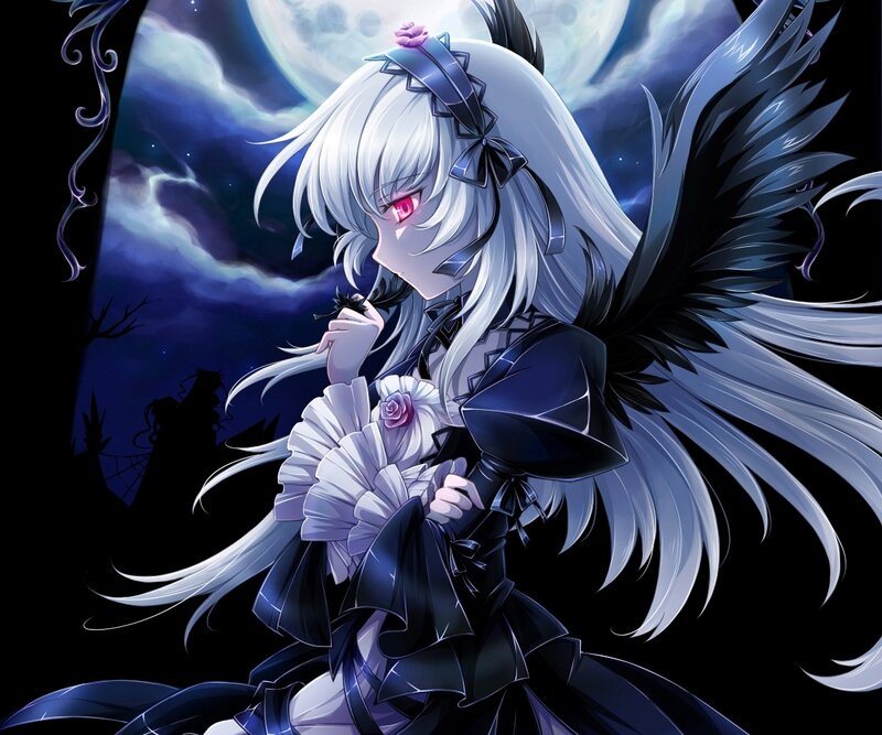 Anime Girl with Wings — Black, Dramatic, Night, Digital Art, Moon, Night Sky