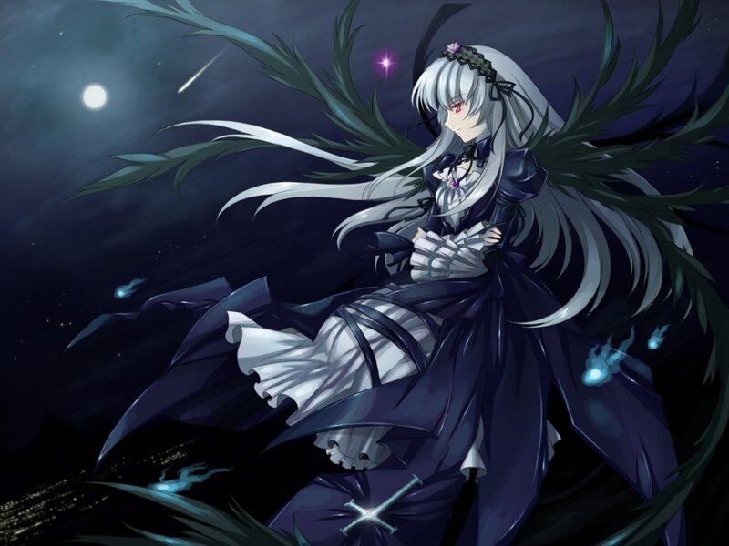 Anime Girl with Wings — Black, Dramatic, Night, Digital Art, Moon, Stars