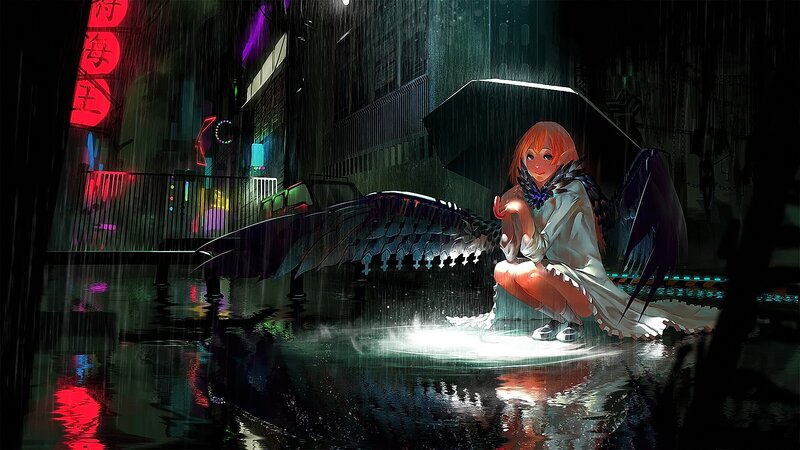 Anime Girl with Wings — Black, Dramatic, Night, Digital Art, Rain, Neon Lights
