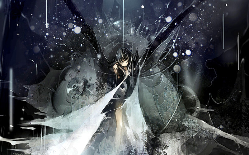 Anime Girl with Wings — Black, Dramatic, Night, Digital Art, Rain