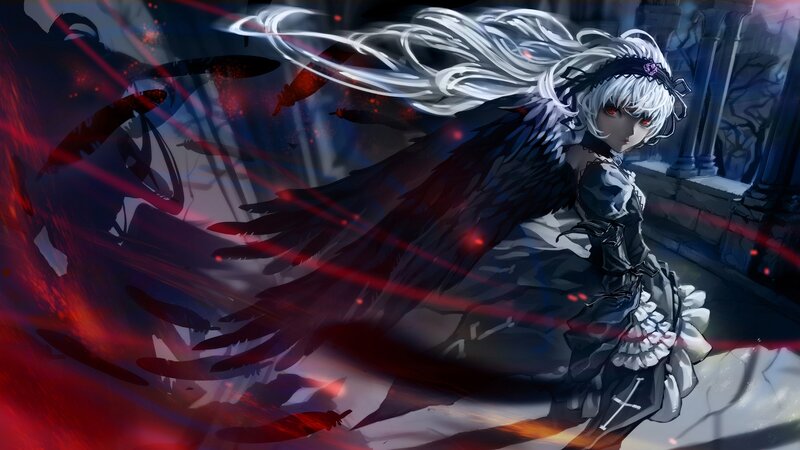 Anime Girl with Wings — Black, Dramatic, Night, Digital Art, Red Light