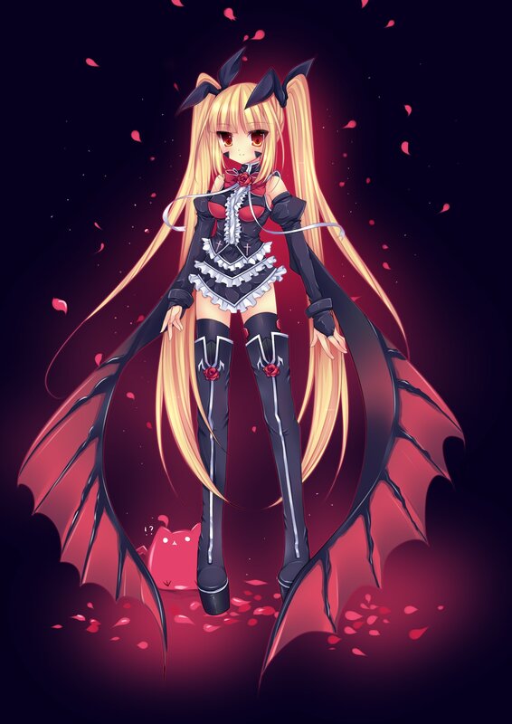 Anime Girl with Wings — Black, Dramatic, Night, Digital Art, Rose Petals, Cat