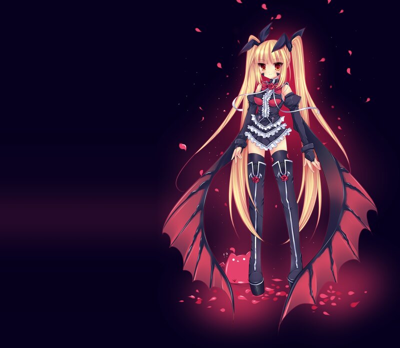 Anime Girl with Wings — Black, Dramatic, Night, Digital Art, Rose Petals