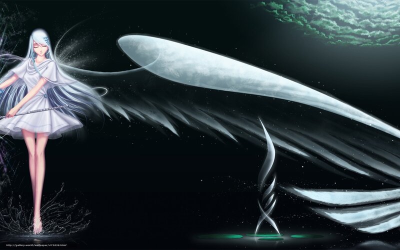 Anime Girl with Wings — Black, Dramatic, Night, Digital Art, Staff, Water