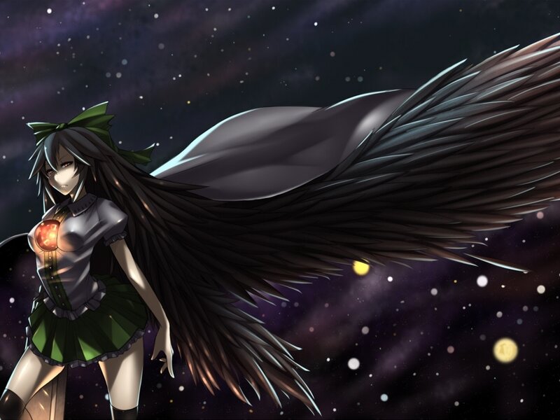 Anime Girl with Wings — Black, Dramatic, Night, Digital Art, Stars