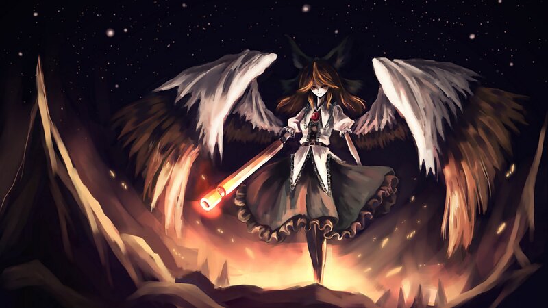 Anime Girl with Wings — Black, Dramatic, Night, Digital Art, Sword, Stars