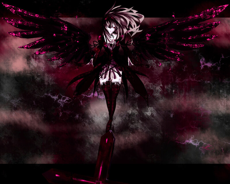 Anime Girl with Wings — Black, Dramatic, Night, Digital Art, Sword