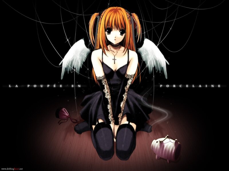 Anime Girl with Wings — Black, Dramatic, Night, Dress, Doll