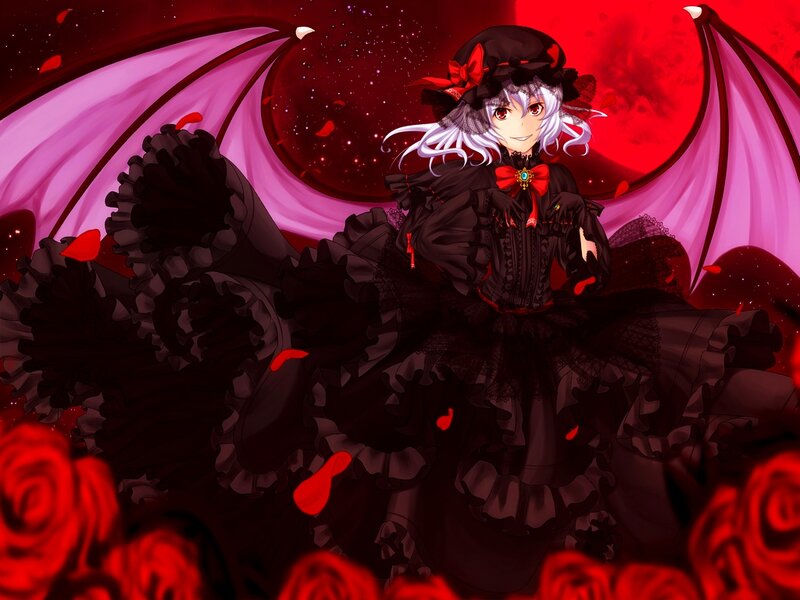 Anime Girl with Wings — Black, Dramatic, Night, Roses