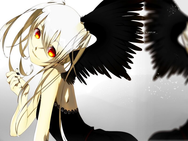 Anime Girl with Wings — Black, Dramatic, Red Eyes