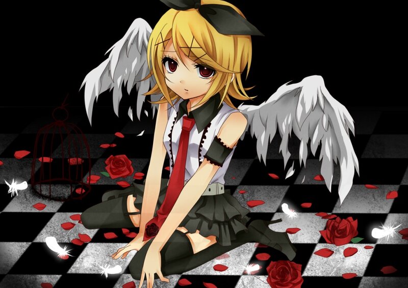 Anime Girl with Wings — Black, Dramatic, Roses