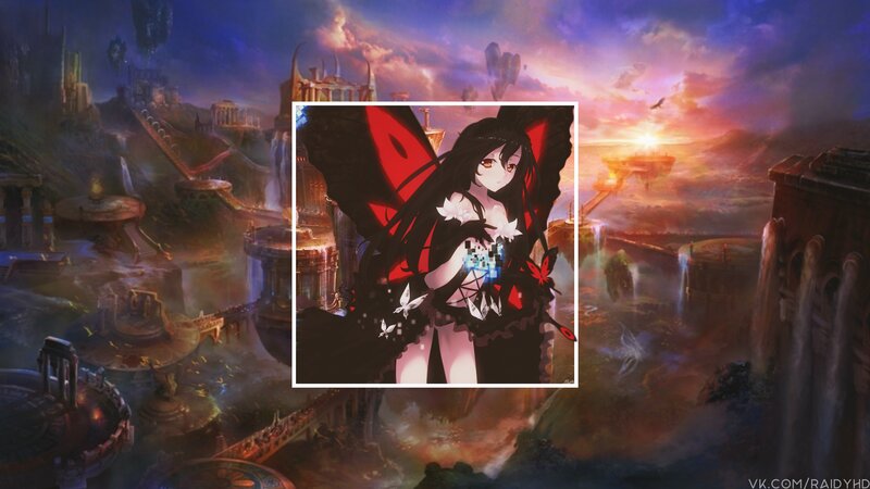 Anime Girl with Wings — Black, Dramatic, Sunset, Digital Art, Castle