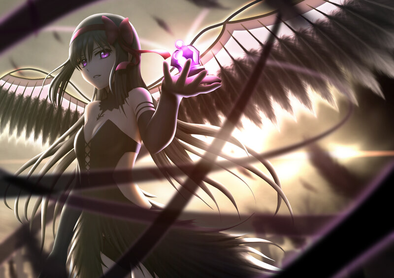 Anime Girl with Wings — Black, Dramatic, Sunset, Digital Art, Crystal