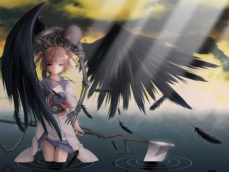 Anime Girl with Wings — Black, Dramatic, Sunset, Digital Art, Skeleton