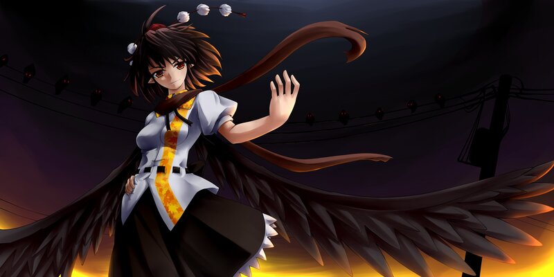 Anime Girl with Wings — Black, Dramatic, Sunset, Digital Art