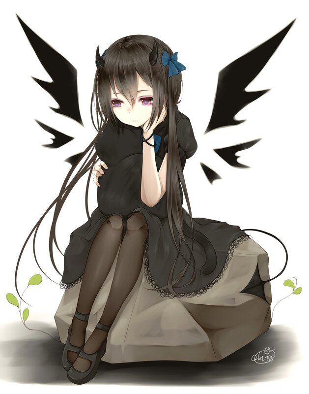 Anime Girl with Wings — Black, Melancholic, Digital Art