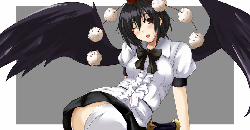 Anime Girl with Wings — Black, Playful, Pom-poms